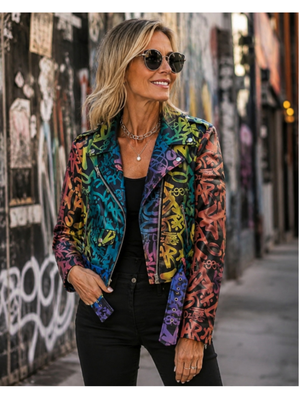 Women's Azalea Wang Graffiti Print Leather Jacket, Size M, Black/Multicolor